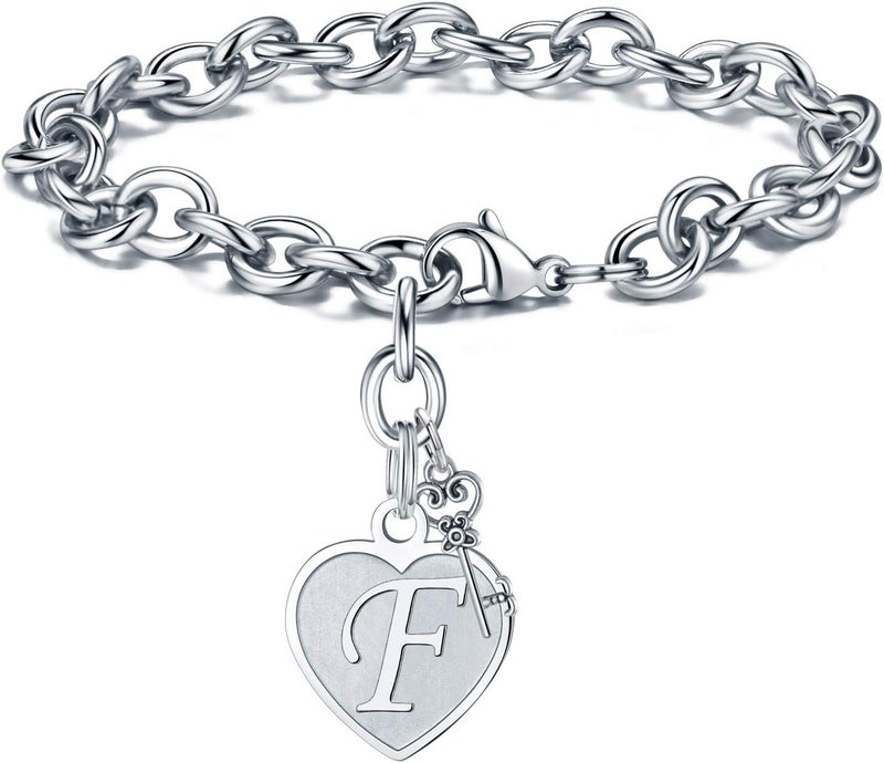 M MOOHAM Heart Initial Bracelets for Women Gifts - Engraved 26 Letters Initial Charms Bracelet Stainless Steel Bracelet Birthday Christmas Jewelry Gift for Women Teen Girls - Image 1